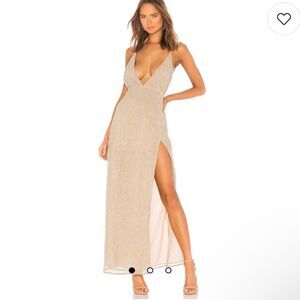 SUPER-DOWN Revolve  Hailee High Slit Maxi Dress in Champagne XS NWT